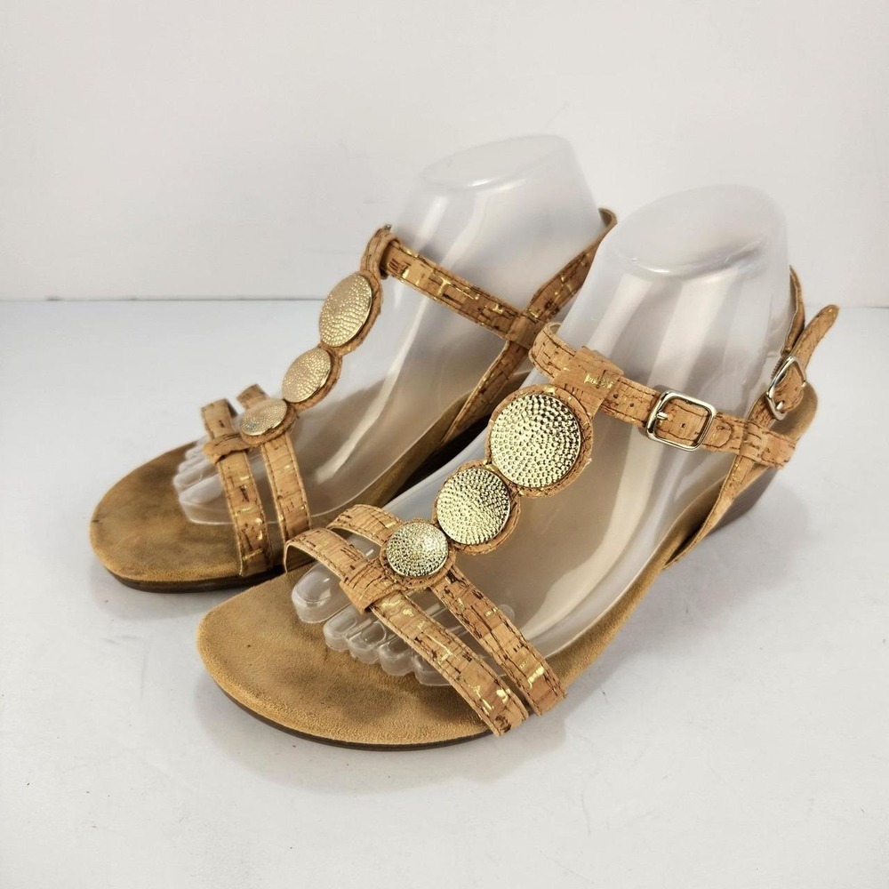 Vionic Lizbeth Women's Size 8 Gold Cork T-Strap Medallion Comfort Sandals